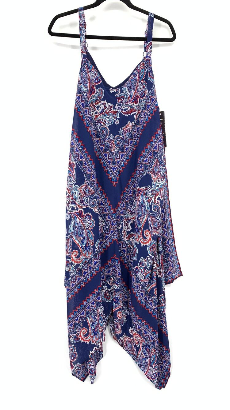Luxology Asymmetrical Hem Sleeveless Midi Dress Womens Sz 14 Blue Red Paisley